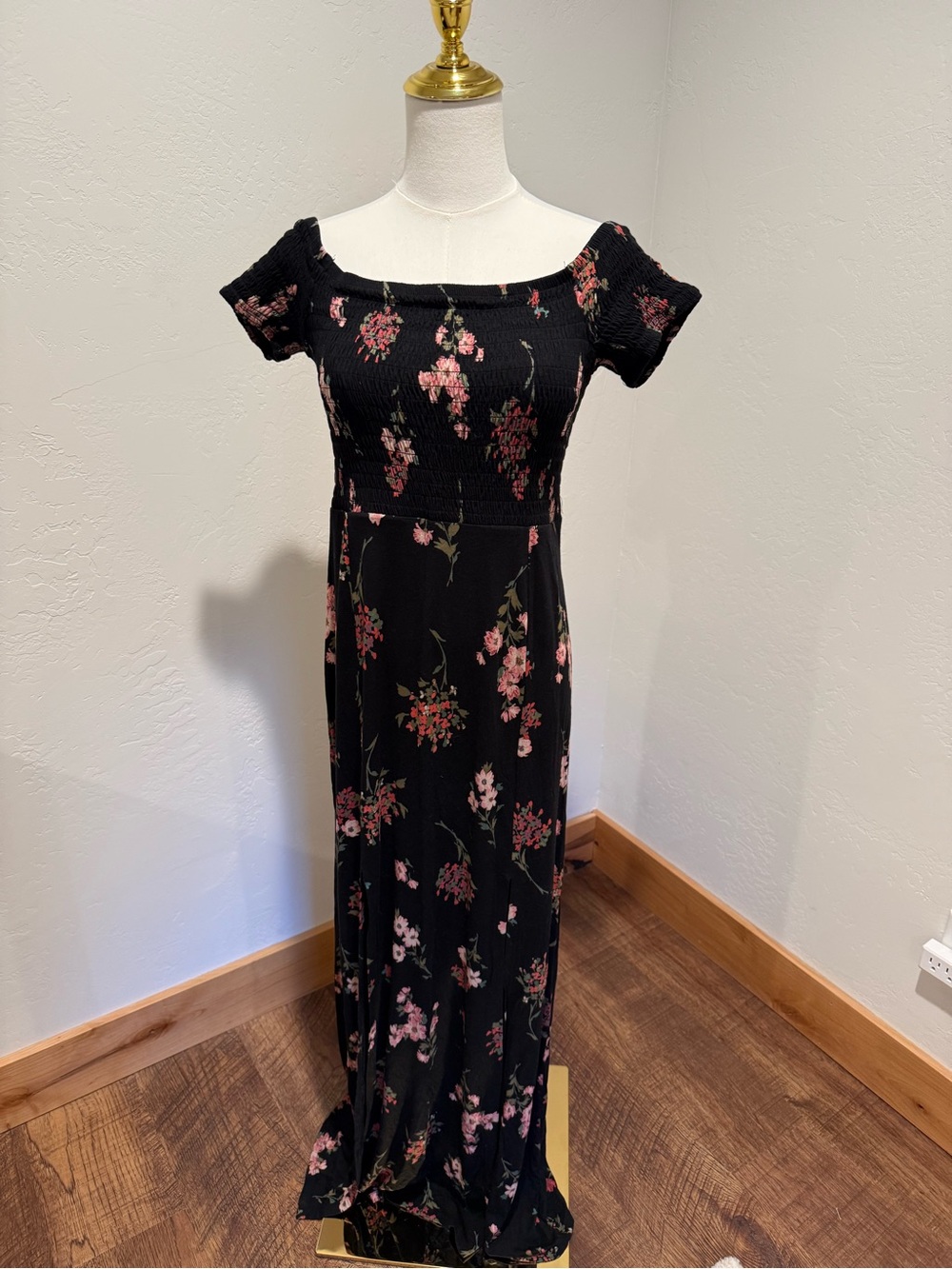 Express Black Off Shoukder Floral Smocked Dress with Pink and Green Accents